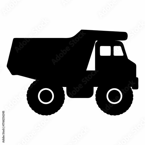 Silhouette of a black dump truck on a white isolated background