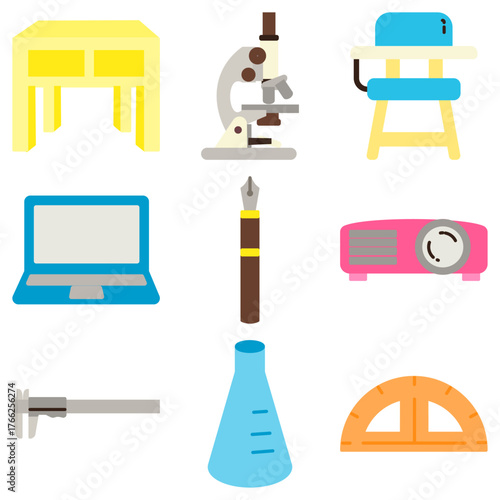 flat design set of school supplies with item of table, microscope, chair, laptop, pen, projector, caliper, measuring cup, protractor