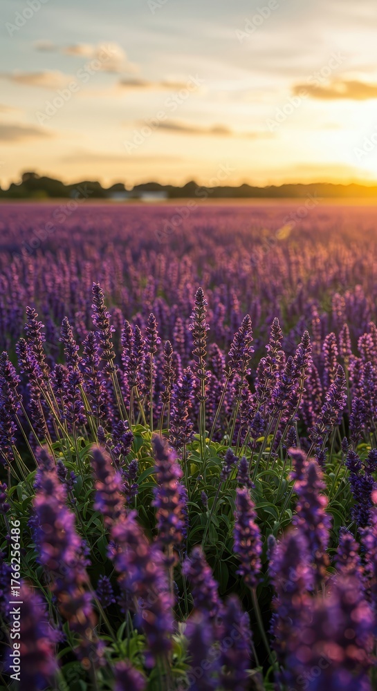 Naklejka premium A stunning wide angle panoramic view showing endless rows of deep purple salvia flowers softly blurring against the bright golden summer sky ,Salvia ,endless ,cultivation