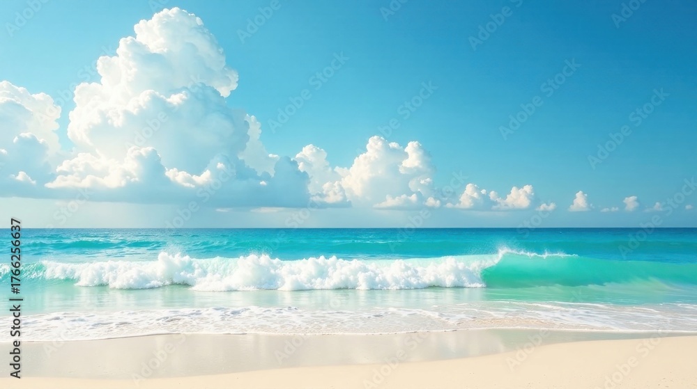 Fototapeta premium Serene Coastal Scene Azure Waters Crashing Gently on a Pristine Sandy Shore Under a Bright Sky Adorned with Puffy White Clouds
