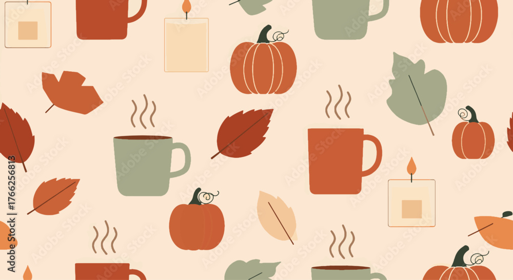 Delightful seamless autumn pattern with cozy elements pumpkins, warm mugs, colorful leaves, and soft glowing candles