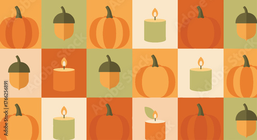 Charming Autumnal Holiday Pattern Featuring Harvest Pumpkins, Acorns, and Warm Lit Candles Arranged in a Decorative Grid for Seasonal Celebrations