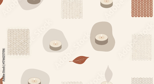 Seamless pattern featuring warm glowing candles, cozy knitted textures, and a delicate autumn leaf, ideal for comforting designs