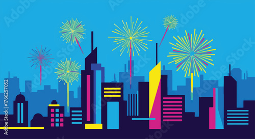 Vibrant urban celebration with colorful fireworks illuminating a modern city skyline at night, capturing the spirit of urban festivity