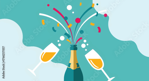 Festive champagne explosion with colorful confetti and elegant flutes toasting in a vibrant celebration