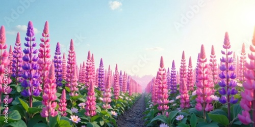A picturesque pathway meandering through a vibrant field of pink and purple lupines, bathed in the warm glow of the setting sun.