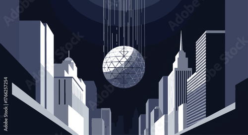 A stylized nocturnal cityscape illuminated by a massive, faceted orb, creating an ethereal and futuristic urban spectacle