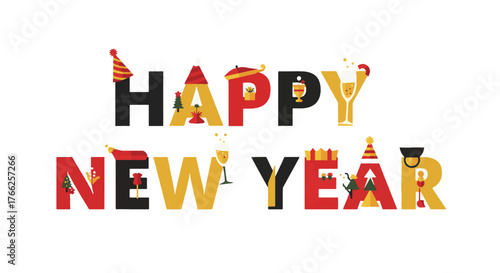 Vibrant and festive typographic illustration celebrating the arrival of a new year, featuring decorated letters with party elements and confetti