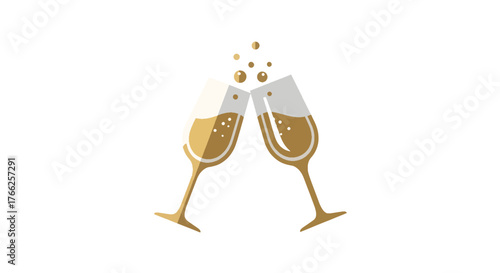 Elegant illustration of two golden champagne flutes clinking, symbolizing a festive toast, celebration, and joyous moments, perfect for upscale events