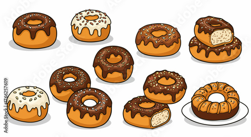 Assorted glazed donuts with sprinkles and chocolate topping
