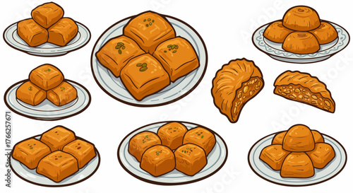 Assorted baklava sweets on plates