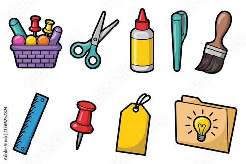 Diy and crafting outline icon set, creative arts and crafts vector collection with scissors, paintbrush, glue, and other hobby tools for modern design and illustration