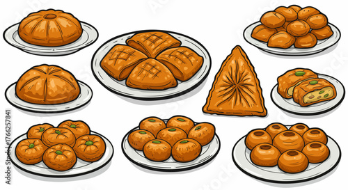 Assorted traditional baked goods on plates