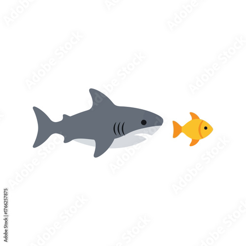 Small fish swims away from big shark predator illustration minimal style danger wildlife concept vector