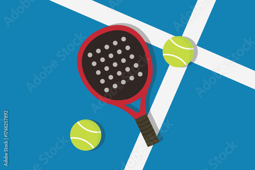 Red padel Racket With Balls On Blue Court Lines — Sports Equipment Illustration