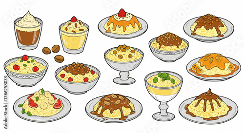 Desserts with toppings and sauces in bowls and glasses