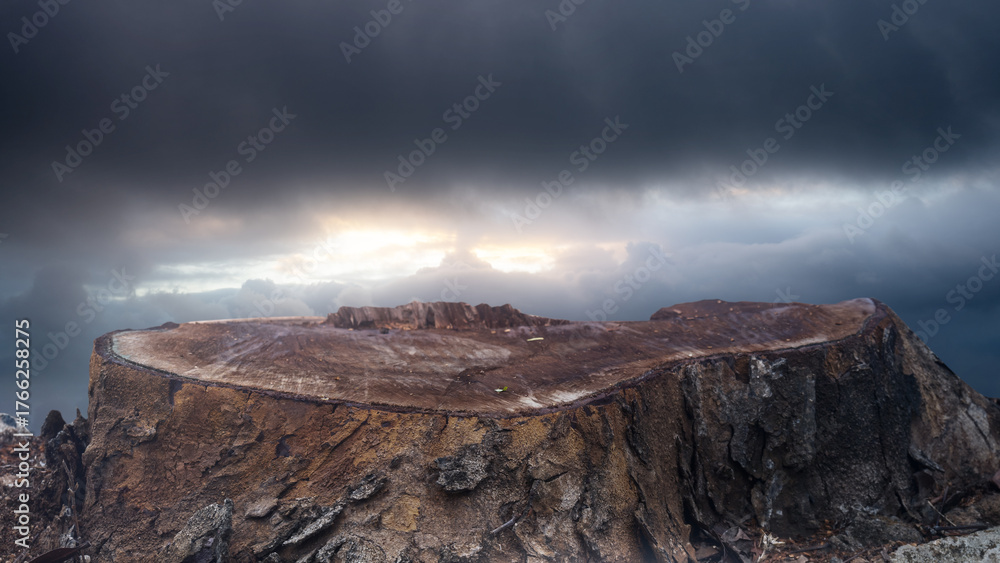 Obraz premium Closeup view of tree stump surface with dark and dramatic cloudscape background. The scene is scary and mysterious. Mockup. Copy Space. Wallpaper or Halloween background