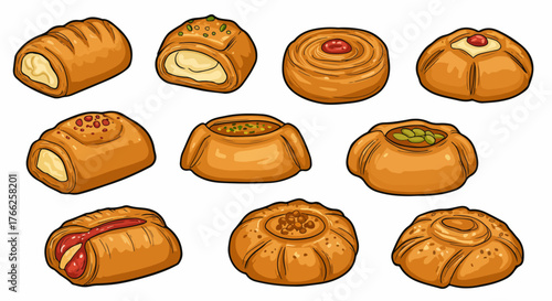 Assorted pastries and buns with various fillings