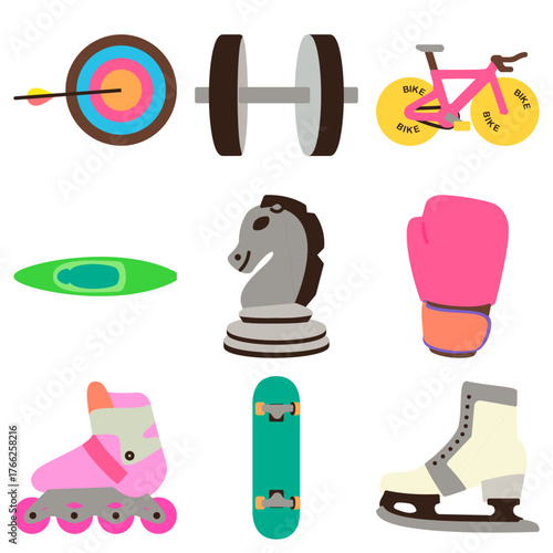 flat design set of archery target, dumbbell, road bike, kayak, chess knight, boxing glove, inline skate, skate board, ice skate