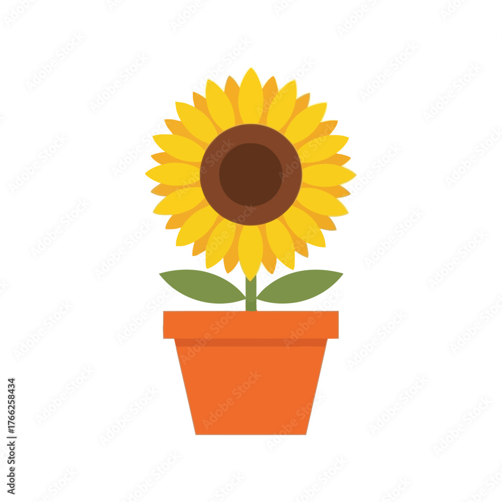Obraz premium Single sunflower plant in orange pot isolated on white flat illustration vector