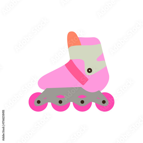 flat design of pink rollerblade with a grey frame, pink wheels, and an orange and light green cuff, outlined in dark brown.