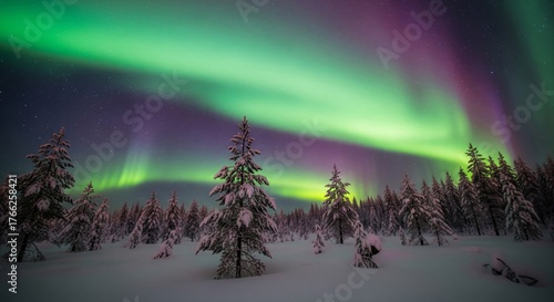 Aurora Borealis Over Snowy Forest Landscape with Green and Purple Sky at Night