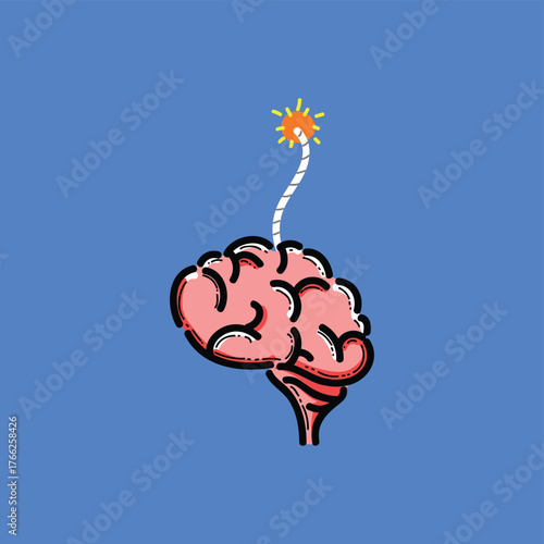 Brain With Lit Fuse Symbolizing Creative Idea, Innovation, and Sudden Insight