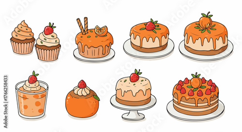 Desserts and cakes assortment with strawberry and orange toppings