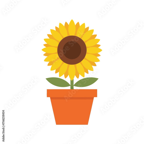 Single sunflower plant in orange pot isolated on white flat illustration vector
