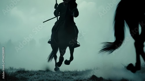 Dramatic low-angle video still of silhouetted medieval knights on horseback charging through mist, evoking a sense of mystery and historical adventure. Live desktop wallpaper.