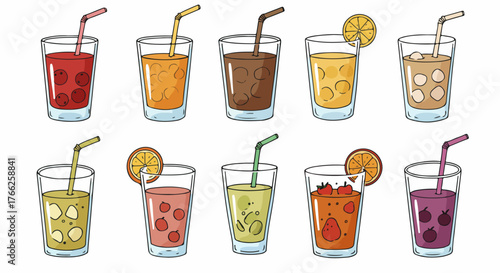 Assorted fruit drinks in glasses with straws