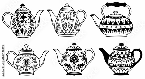 Decorative teapots collection in black and white