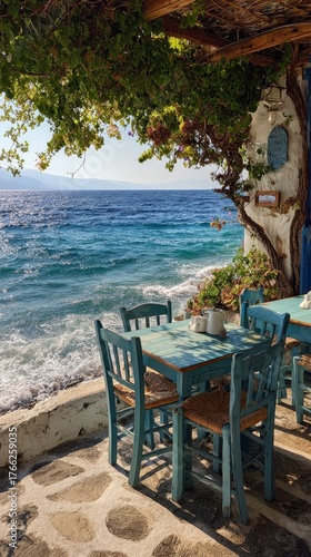 Coastal dining experience at a charming greek restaurant with stunning sea views