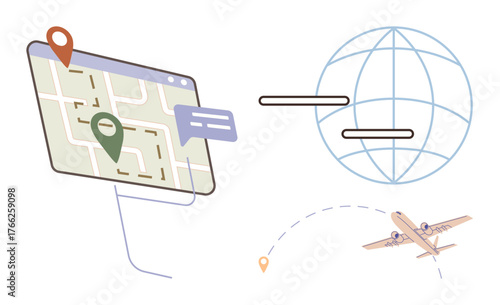 Map with location markers, airplane on trajectory, and a globe represent navigation, travel, logistics, global connectivity, route planning, tourism, and communication in a simple flat metaphor