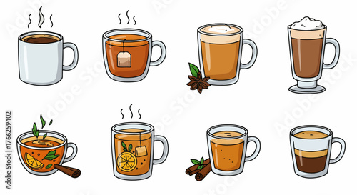 Hot drinks collection in mugs with spices and tea bags