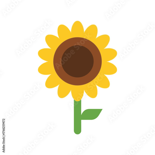 Bright yellow sunflower blossom stem leaf flat icon simple vector illustration summer garden nature vector