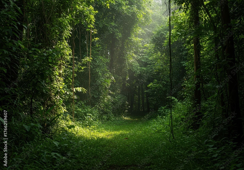 Fototapeta premium Extremely dense jungle vegetation thrives under the intense, humid tropical summer heat. Sunlight filters through the thick, green canopy ,remote ,texture ,mystery
