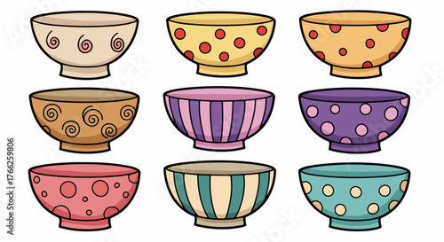 Colorful ceramic bowls with various patterns