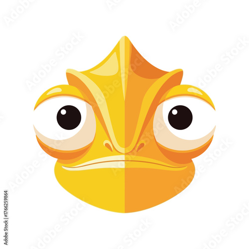 Adorable yellow chameleon character face with big eyes expressing surprise or curiosity vector