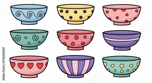 Colorful bowls with various patterns