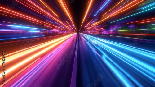 futuristic road with colorful streaks of light zooming forward, high-speed effect with radial blur, dark urban background and glowing neon reflections