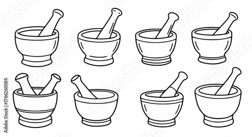 Mortar and pestle set outline style