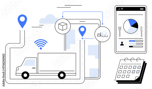 Delivery truck on digital map with location markers, tablet, mobile interface, wireless signals, calendar. Ideal for logistics, fleet management, technology, planning delivery supply chain simple