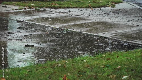 Raindrops rippling in a large puddle in a driveway