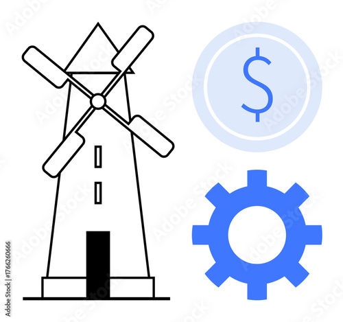 Windmill with rotating blades, gear symbolizing industry, and dollar sign highlighting economic aspects. Ideal for sustainability, renewable energy, eco-economy, innovation, green business, industry