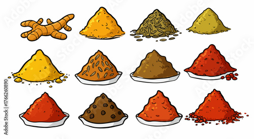 Indian spices collection in bowls with transparent background