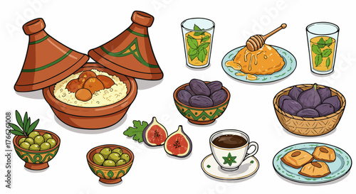 Moroccan food spread with dates, olives, and traditional tagine