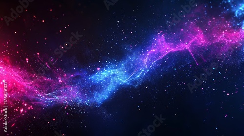 abstract vector-style energy rift tearing through digital space, glowing jagged lines in neon blue and purple tones, dark background with light particle scatter