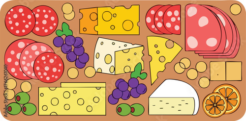 A flat illustration of a charcuterie board filled with various cheeses, sliced salami, olives, grapes, and orange slices.