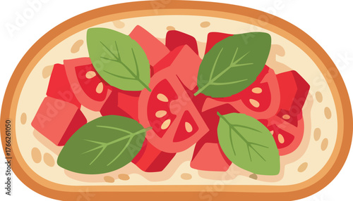 A top-down view of a delicious bruschetta appetizer, featuring toasted bread topped with fresh diced red tomatoes and vibrant green basil leaves.